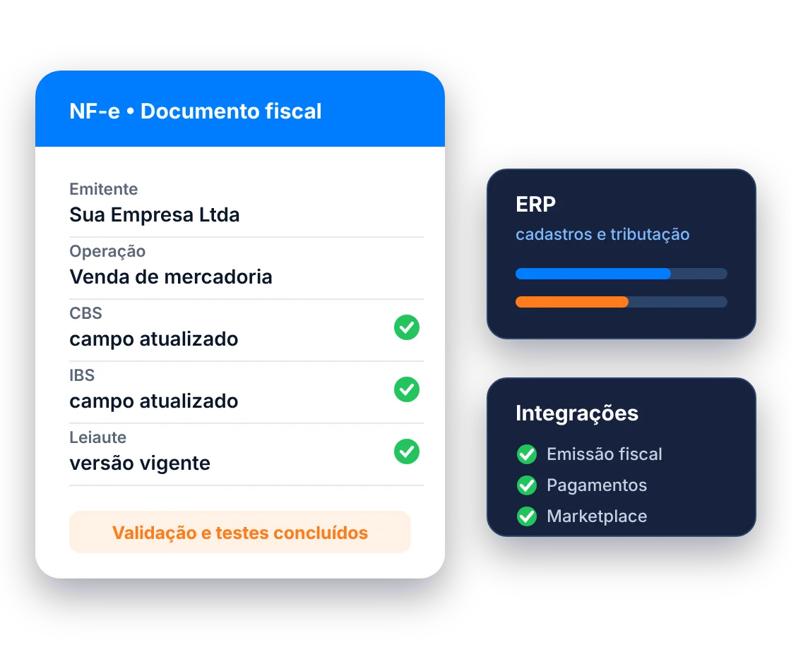 Nota fiscal eletrônica com campos de IBS e CBS validados e integrada ao ERP