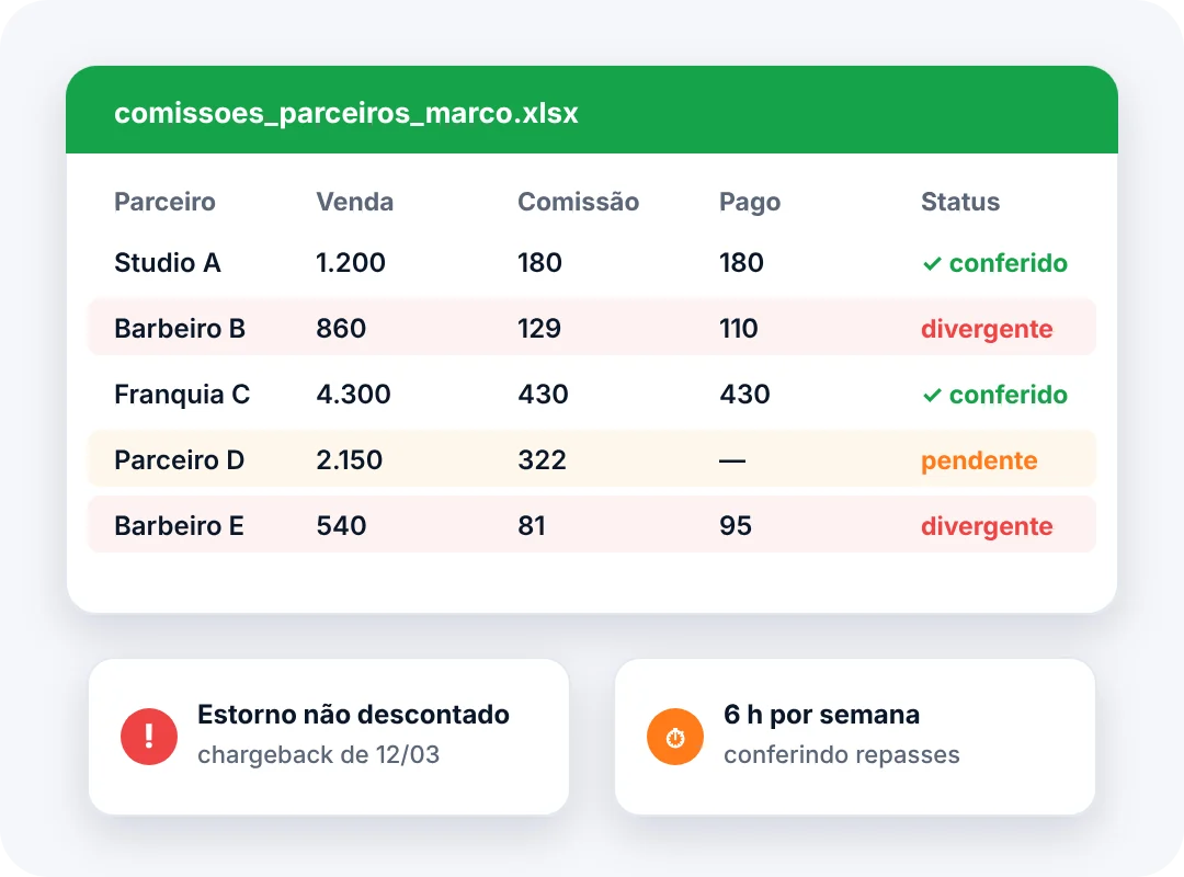 Planilha manual de comissões de parceiros com valores divergentes, repasses pendentes e estorno não descontado